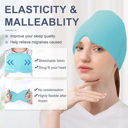 Woman wearing a blue headband with text on elasticity and malleability, and images of the product.
