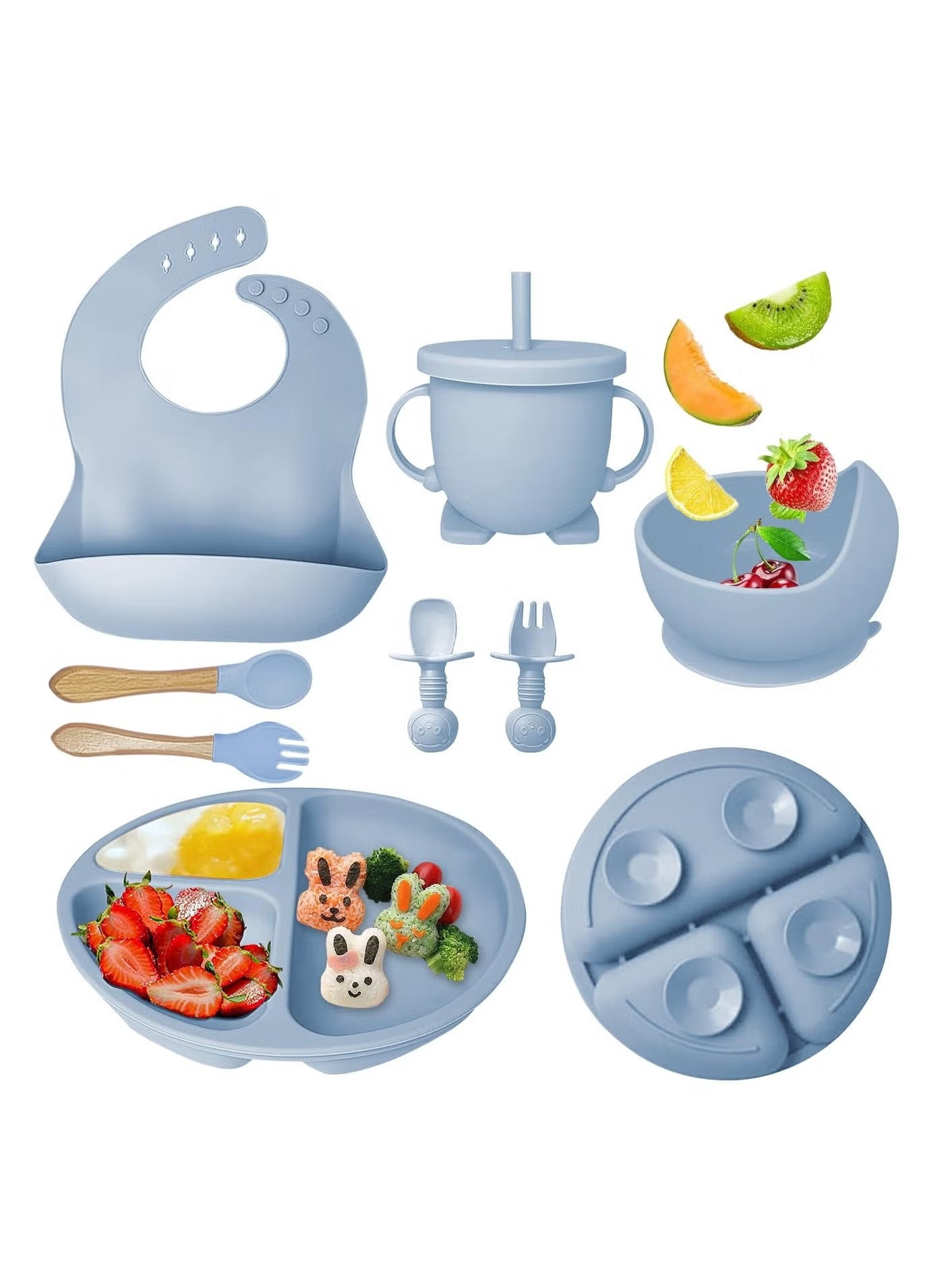 Collection of blue baby feeding utensils and accessories on a white background