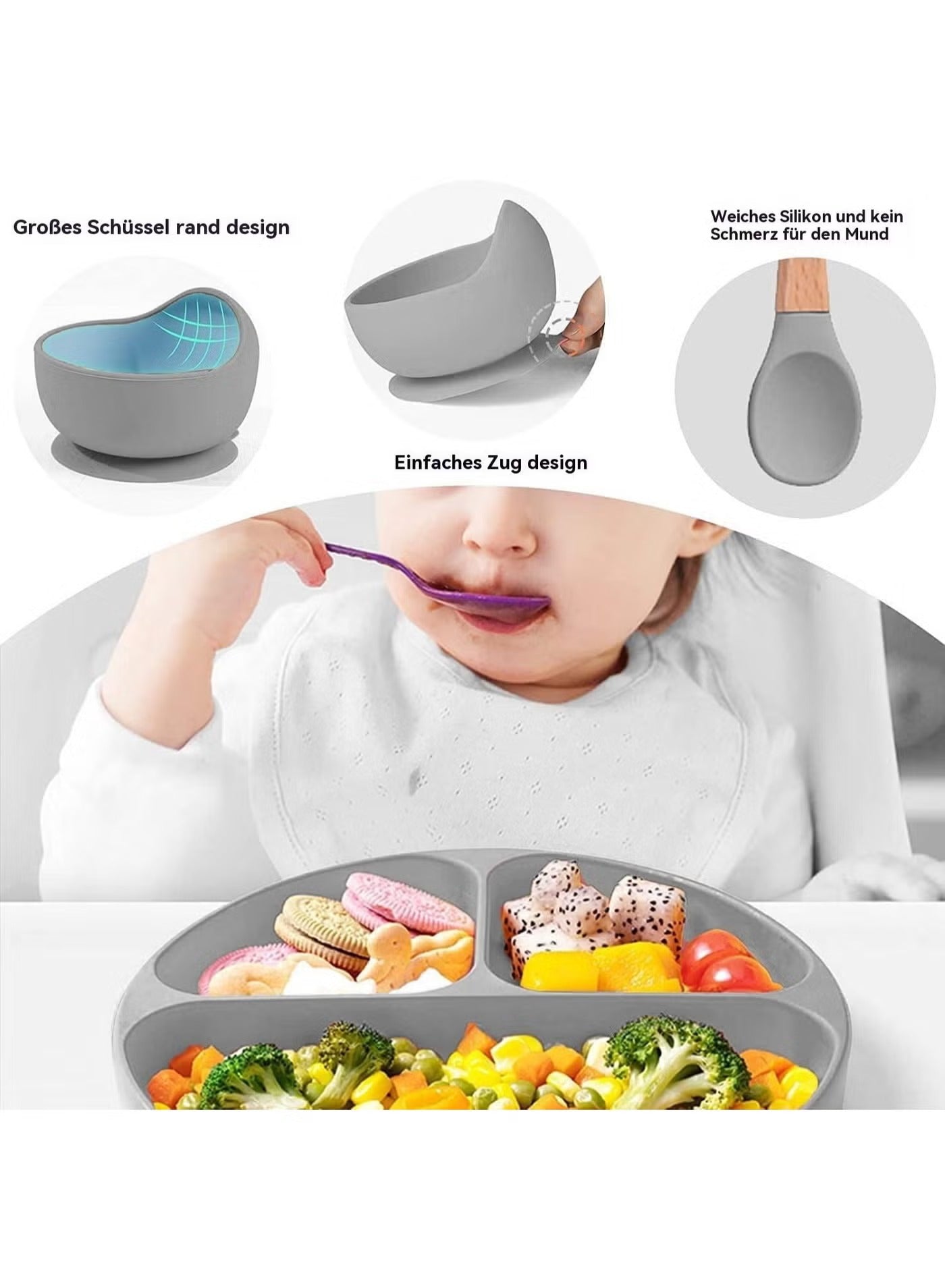 Child using a silicone spoon with a gray bowl and plate set on a white background