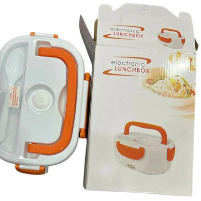 Electronic lunchbox with orange accents and packaging on a white background