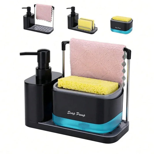 Multi-Functional Kitchen Soap Dispenser with Sponge & Dishcloth Holder Tray