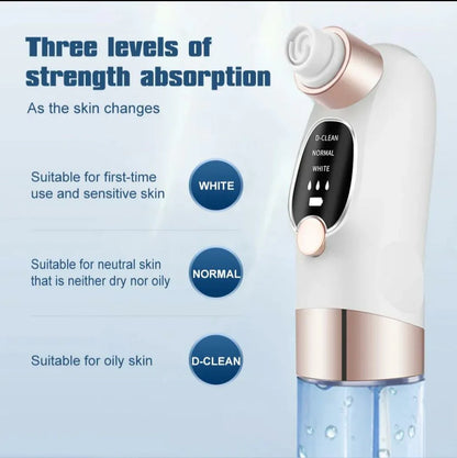 Skincare device with three strength absorption levels on a light blue background